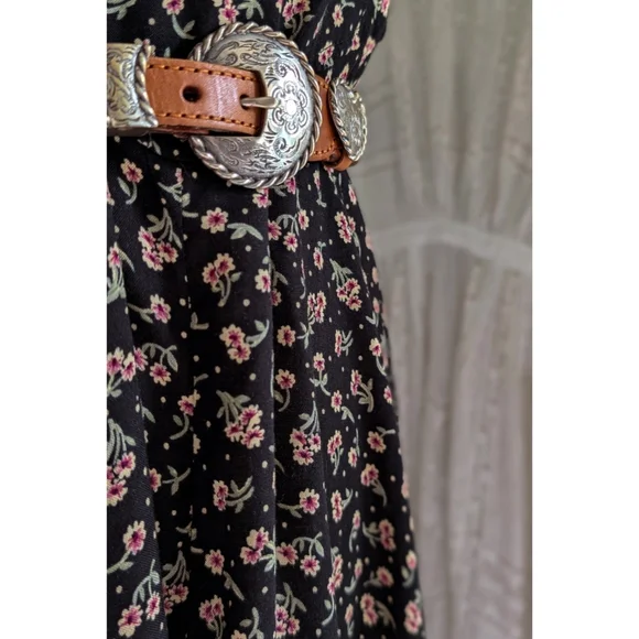 Vintage Black Floral Cinch Waist Flowy Maxi Length Dress - Picture 12 of 16